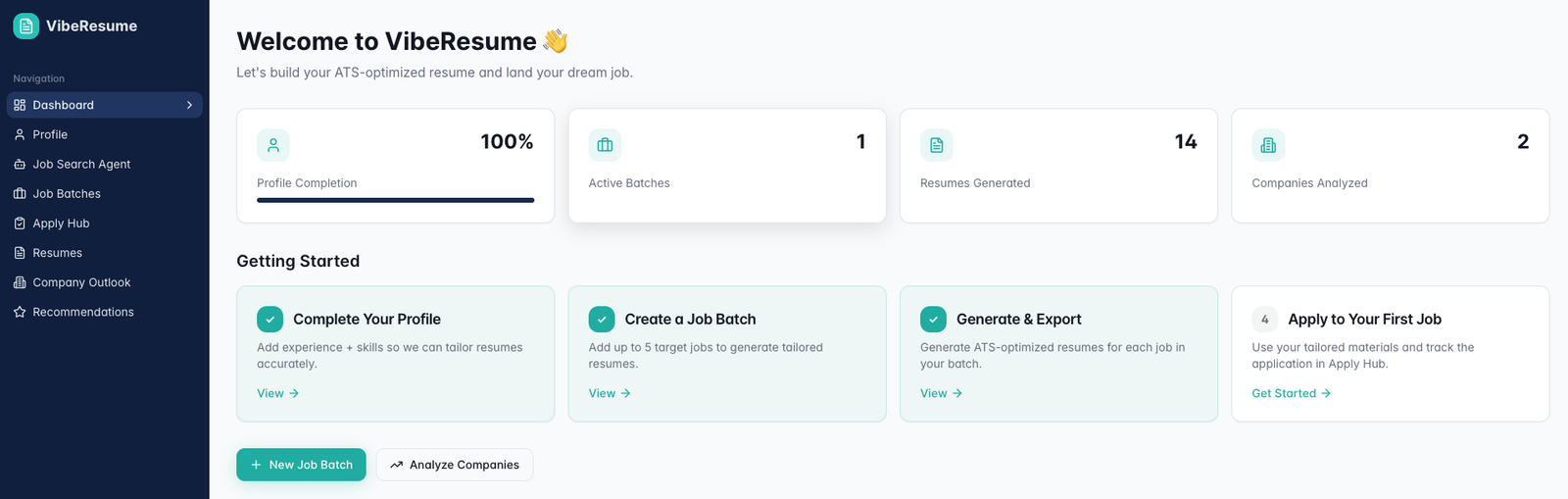 VibeResume dashboard showing profile completion, job batches, generated resumes and a getting-started checklist